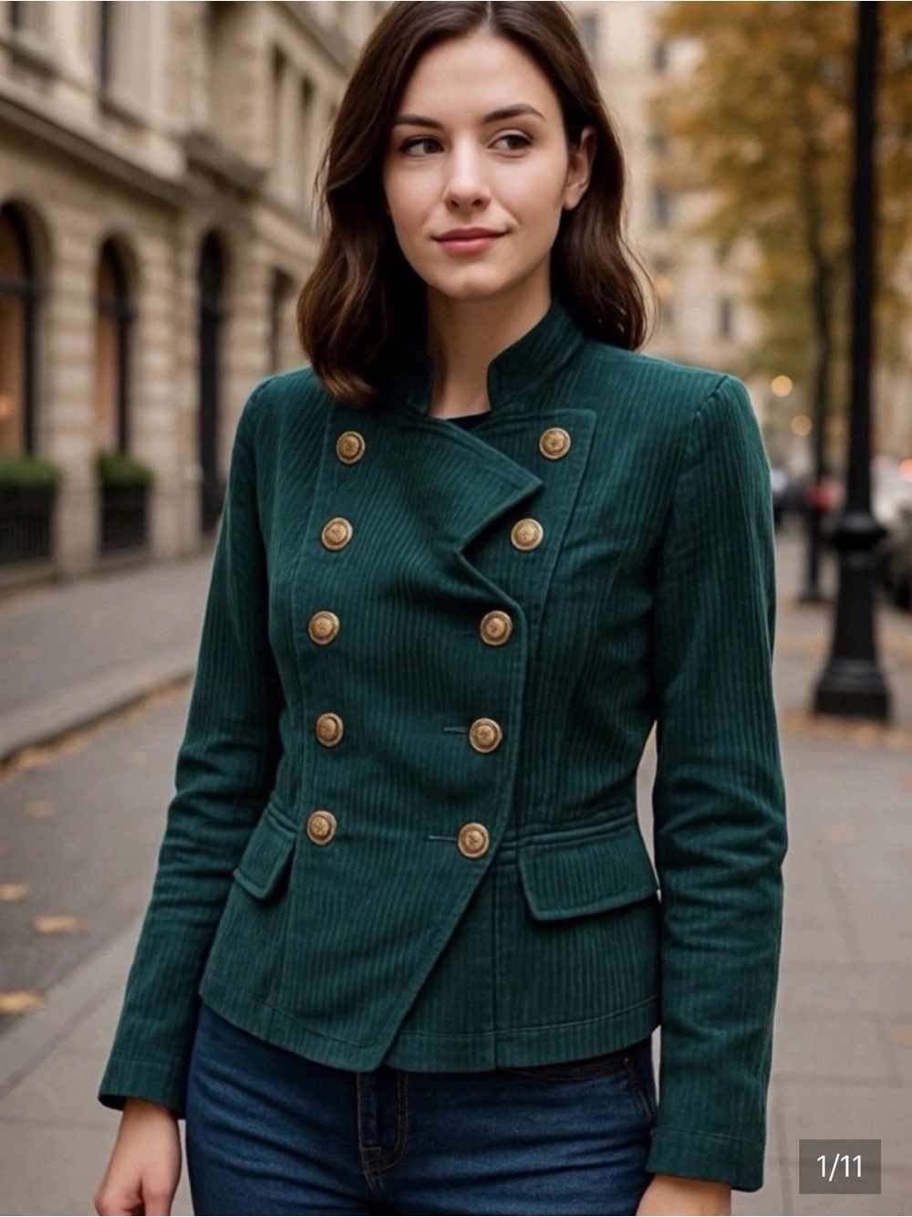 Cabi Lennon Blazer Double-Breasted Green Corduroy Military Jacket